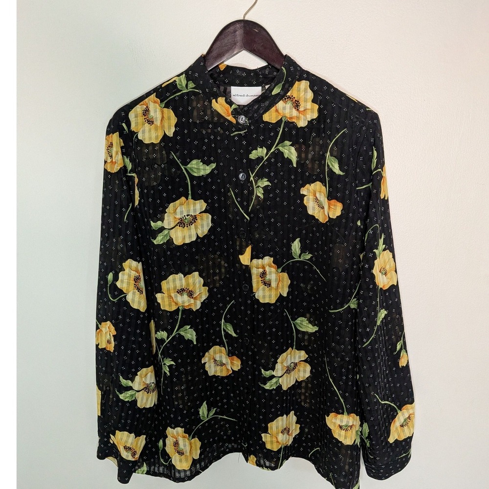 Alfred Dunner Sz 18 Black Floral Semi Sheer Blouse Top Romantic Euro Summer